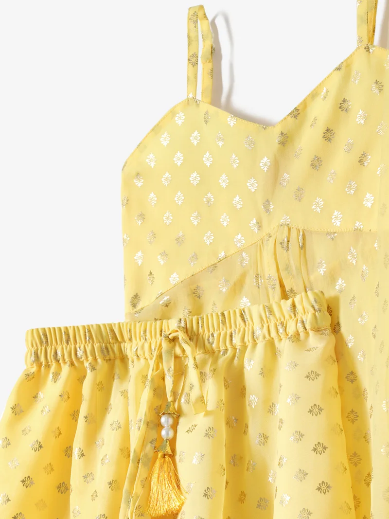 Nautinati  Girls' Georgette Blend Ready-to-wear All-over Gold Toned Foil Print Lehenga & Blouse with Net Dupatta  | Best Price UAE